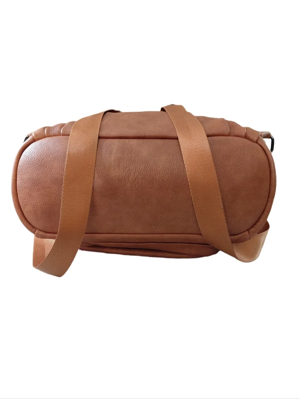 Brown Vegan Leather Backpack with Removable Pouch and Colorful Strap